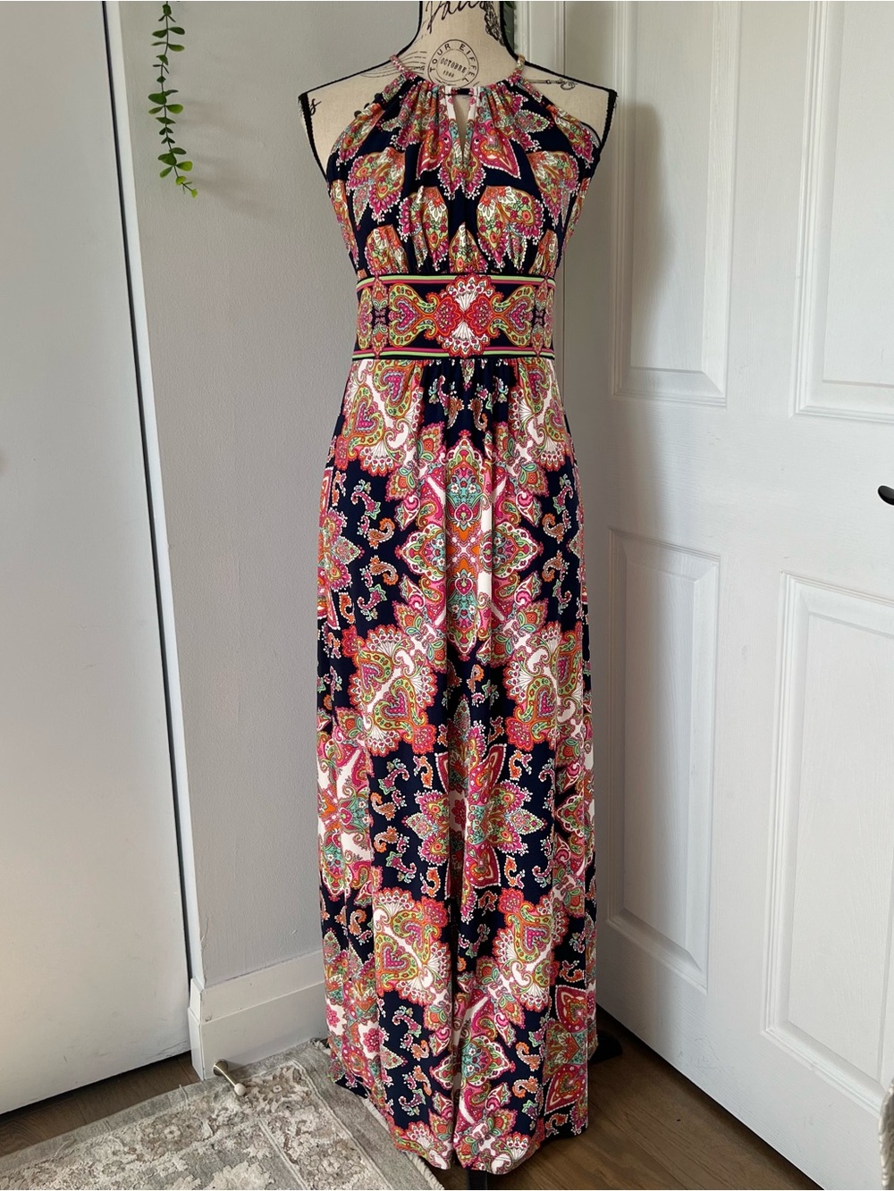 London Times Navy Paisley Halter Maxi Dress with Pink & Green Motif